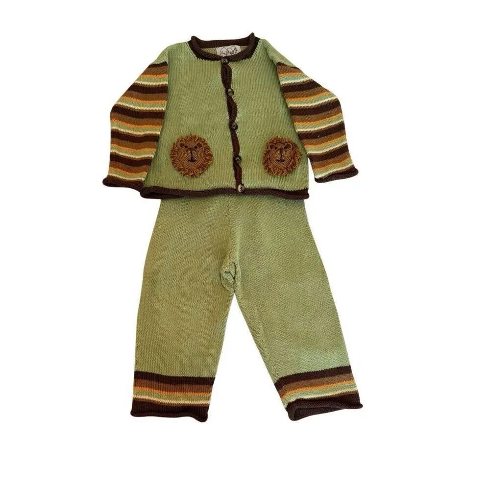 Zackali 4 Kids Unisex Green Brown Knit Cotton Lion Applique 2-Piece Sweater Sz 2